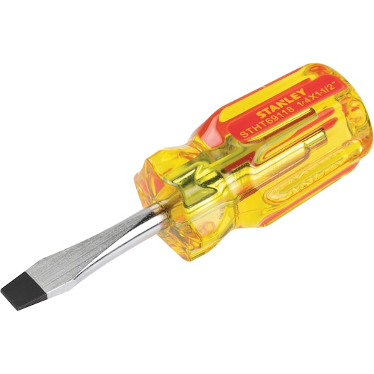 STANLEY STHT69118 flathead screwdriver, yellow and red handle, product view on white background.