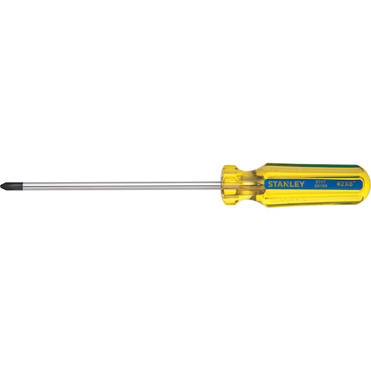 Photo of STANLEY STHT69180 Phillips screwdriver with yellow and blue handle, side view on white background.