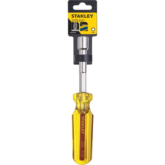 STANLEY STHT69186 nut driver with yellow transparent handle and 7/16 inch shaft, front view on white background.