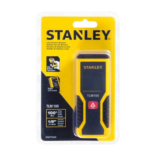 Photo of STANLEY STHT77410 laser distance measurer TLM100 in retail packaging, front view.
