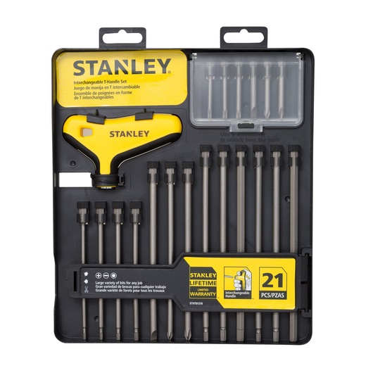 Photo of STANLEY STHT81218 interchangeable T-handle set, yellow and black, with 21 screwdriver bits in a plastic case.