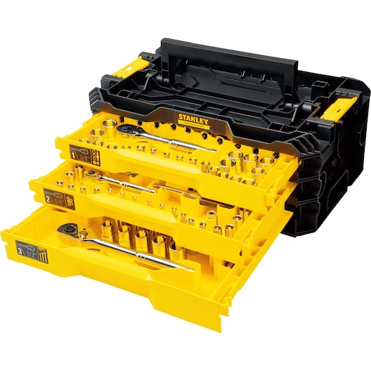 STANLEY® 203 PCS mechanics tool set with 3-drawer tool box, SAE/Metric, left view, open all