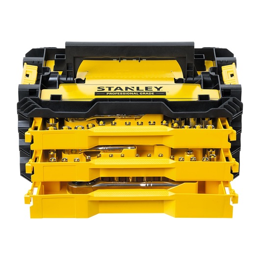 Front view of STANLEY 203 PCS mechanics tool set with 3-drawer tool box packaging