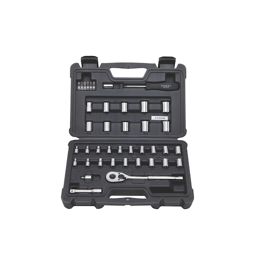 Stanley socket set in black case, top-down angle, includes ratchet, sockets, and screwdriver bits.