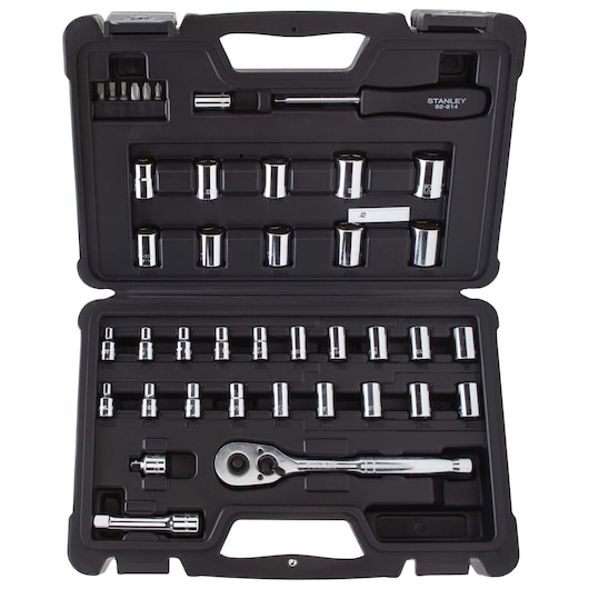 STANLEY socket and ratchet set STMT71648 in black hard plastic case, top-down view showing multiple sockets and accessories.