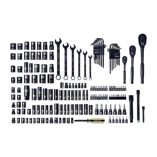 Overhead view of STANLEY Black Chrome Mechanics Tool Set