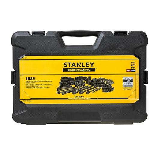 Photo of STANLEY STMT71662-LA black mechanic tool set case with yellow label showing 183 pieces inside, front view.