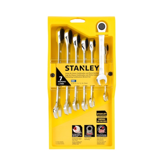 STANLEY STMT74080 ratcheting combination wrench set in yellow plastic packaging, front view.