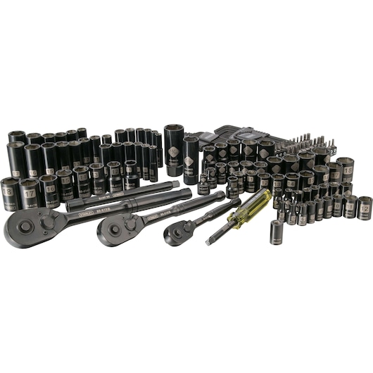 STANLEY STMT74084 socket and ratchet tool set, black metal and clear handle, front angle, white background.
