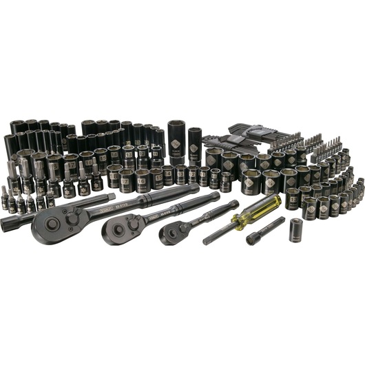 STANLEY STMT74085 socket and ratchet set, front angle, includes black sockets, wrenches, bits, screwdriver.