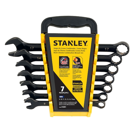 Stanley STMT74091 black chrome combination wrench set, 7 pieces, front angle on white background.