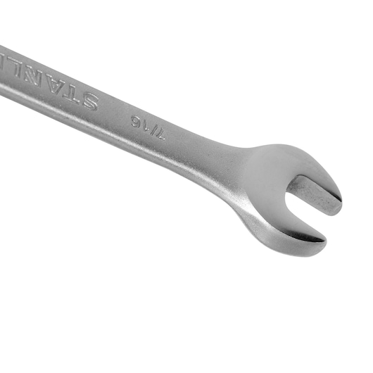 Stanley STMT80250-840 open end wrench, silver finish, close-up angled on white background.