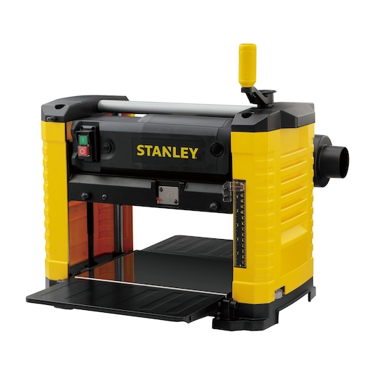 STANLEY STP18-B2 photography of yellow and black benchtop planer front angle on white background.
