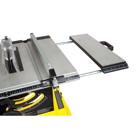 STANLEY STST1825 table saw with metal extension and rip fence, photographed from above on white background.