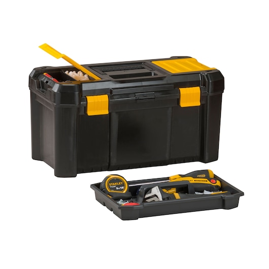 STANLEY STST19331 toolbox with removable tray, black and yellow plastic, shown at front angle with tools inside.