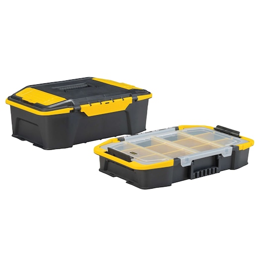 Stanley black and yellow plastic tool box and organizer case, shown at an angled side view on white background.