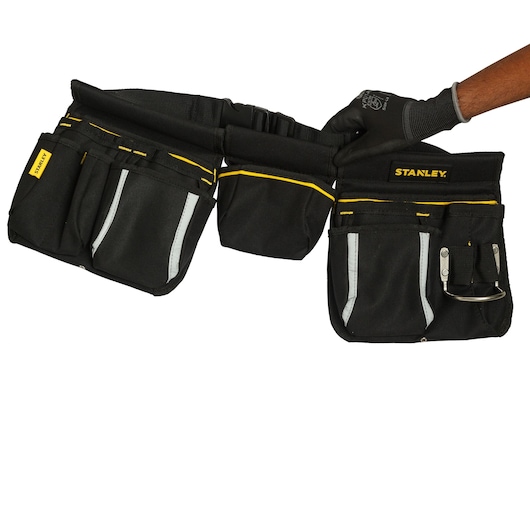 STANLEY STST511304 tool belt with multiple black pockets and yellow accents, front angle photo.