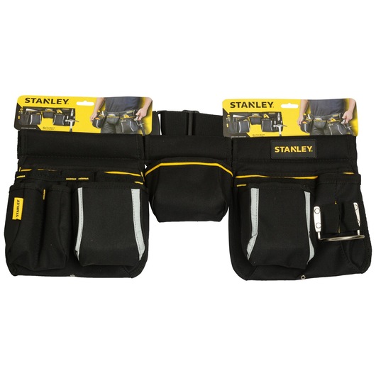 STANLEY STST511304 black tool belt with multiple pockets and silver accents, photo from front on white background.