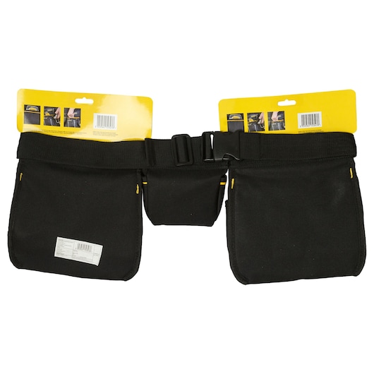 STANLEY STST511304 black tool belt with three large pouches, front view on white background.