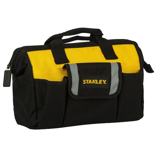 Black and yellow Stanley tool bag with handles, front pocket, and zipper, designed for carrying tools or equipment.
