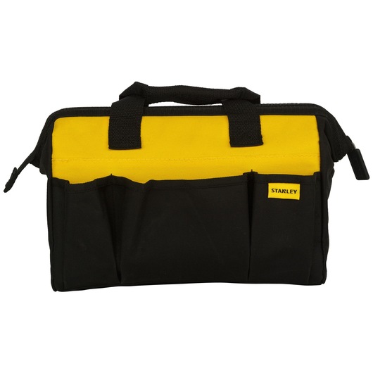 Black and yellow Stanley soft tool bag with handles and exterior pockets, suitable for organizing tools.