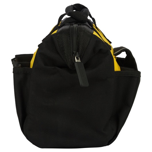 Black and yellow Stanley tool bag with zipper, shown from the front with side pockets visible.