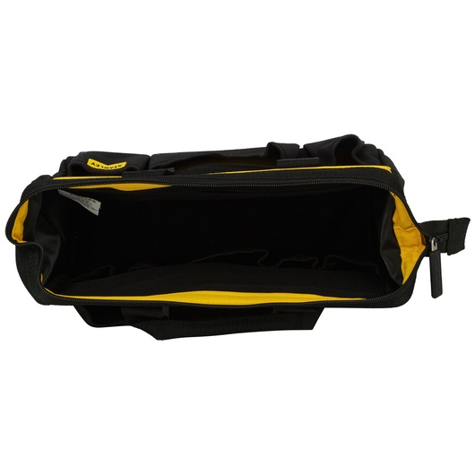 Open Stanley black and yellow tool bag with spacious interior and zippered closure, viewed from above.