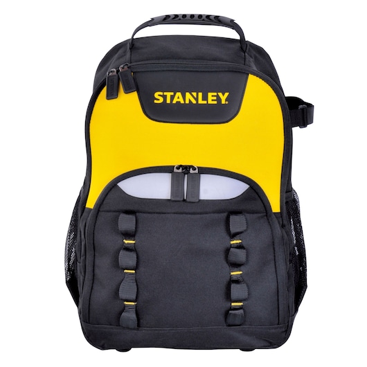 STANLEY STST515155 black and yellow tool backpack, front angle, with multiple compartments and mesh side pockets.