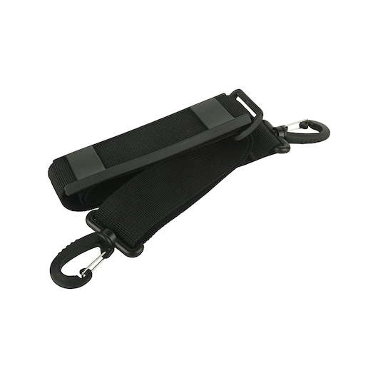 STANLEY STST516126 black adjustable shoulder strap with plastic clips, photography, angled on white background.