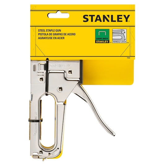 Stanley TR45 steel staple gun, silver, front view, in yellow retail packaging.